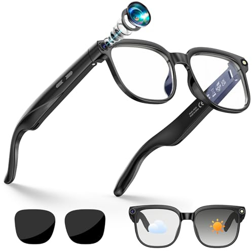 Occhiali intelligenti AI, Smart Glasses con 8K Fotocamera, 2 Paia di Lenti, registrazione video e audio HD 1080p, riproduzione musicale/Chiamate Bluetooth/Assistente AI/traduzione in tempo reale