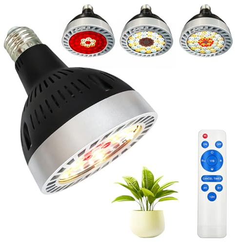 JKOKPMG Bombilla Lámpara De Plantas,19W Grow Light Espectro Completo | E27 Luz de Crecimiento para Plantas,36 LEDs Regulables con Temporizador 4/8/12H para Plantas de Interior,Vegetales y Flores