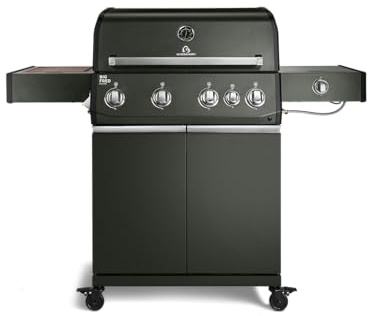 BURNHARD® Big FRED Deluxe Gasgrill 4-Brenner, Gusseisenrost, Grün | 900°C Infrarot-Zone, Heckbrenner, Seitenkocher, Aludruckguss-Edelstahl-Brennkammer, 24.4 kW Leistung