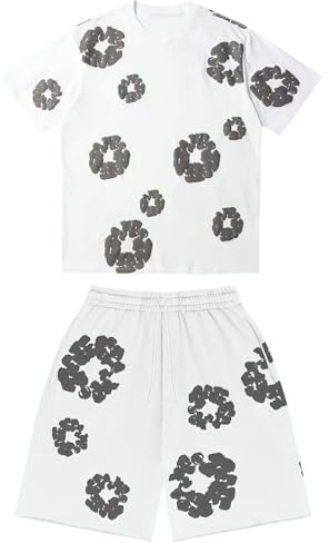 Mens Kids Shorts and T shirt Sets Flower Print Tracksuits 2 Piece Outfits Short Sleeve Crew Neck Summer Outfits Suit Loose Casual Sport Activewear Sweatsuits