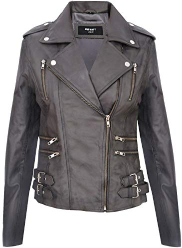 Ladies Retro Grey 100% Nappa Leather Biker Jacket L