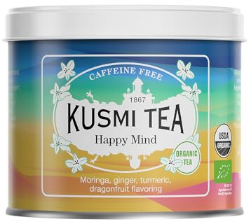 Kusmi Tea - Happy Mind - Bio Teemischung - Tee mit Pflanzen, Gewürzen und Apfel mit Drachenfrucht- und Zitronengeschmack - Koffeinfreier Kräutertee - Loser Tee - 100 g Metalldose für etwa 50 Tassen