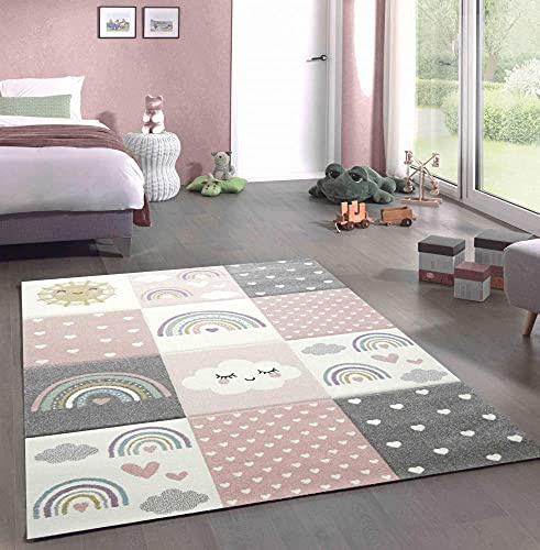 CARPETIA Teppich Kinderzimmerteppich Kinderzimmer Teppich Herzchen Wolken Regenbogen Punkte rosa Creme grau Größe 120x170 cm