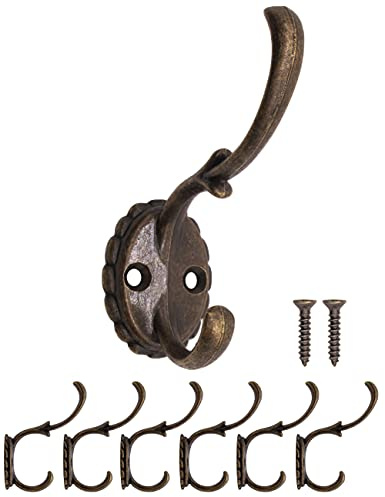 FUXXER® ganchos para abrigos antiguos, ganchos dobles, ganchos para toallas, ganchos para abrigos, ganchos de hierro, latón bronce, diseño retro rústico vintage, juego de 6, bronce.