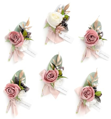 Ling's moment Boutonniere for Men, 6pcs Groom Groomsmen Boutonniere with Built-in Pins, Artificial Flowers for Wedding Decor/Prom/Homecoming, etc.Dusty Rose Mauve