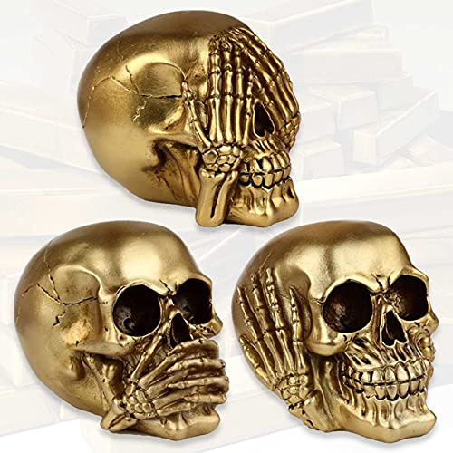 mtb more energy Deko Totenkopf Figuren XL ''Nichts Hören, Nichts sehen, Nichts Sagen'' - Set aus 3 goldenen Totenschädeln - Höhe 11 cm - Dekoration Wohnen Tischdeko
