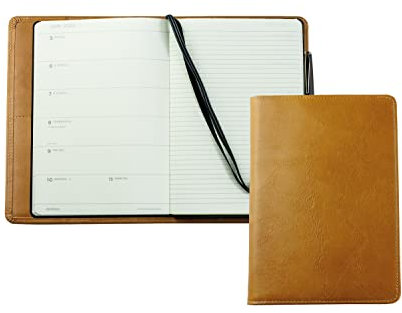 DELMON VARONE - Personalisierbares Kalenderbuch 2026 DIN A5 Anilin Leder braun - Organizer Wochenplaner (1 Woche 1 Seite) - Buch-Kalender Echtleder Einband - Notizbuch Planer Stiftschlaufe