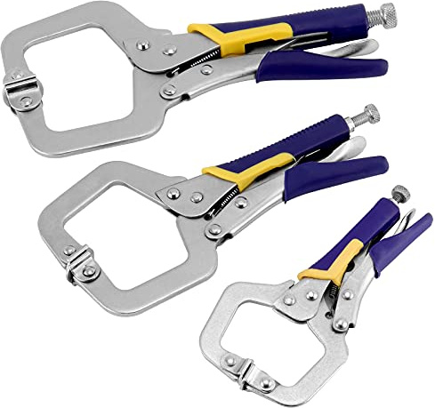 FUNSUEI 3 Pack C Clamp Locking Pliers, 6 Inch, 9 Inch, 11 Inch Premium Face Clamp Set with Swivel Pads and Rubber Handle, Heavy Duty Woodworking C Pliers Set for DIY, Welding, Cabinetry
