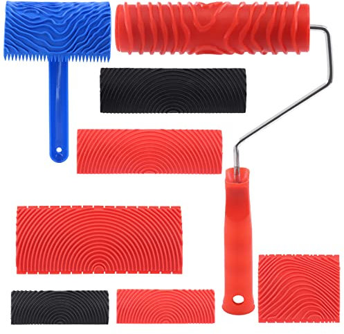 Tanstic 8Pcs Wood Graining Painting Tool Set, Red Black Blue Rubber Wood Grain Tool and Rubber Empaistic Wood Texture Pattern Roller with Handle for Wall Floor Furniture DIY Room Decoration
