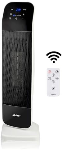 alpina Ventilatore a Torre e Camino Ellettrico - Stufa Elettrica con Telecomando - Ventilatore a Colonna Oscillante con Temporizzatore - Temperatura Regolabile da 15 a 35°C