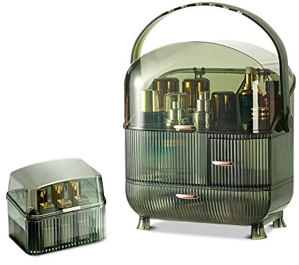 Galatée Tragbare Make Up Organizer Kosmetikbox Kosmetische Aufbewahrungs Box Mit Staubdichtem Deckel, Beauty Organizer Mit 2 Schubladen Und Tragegriff,Schublade Kosmetik,180°Drehbar(Grün - D)