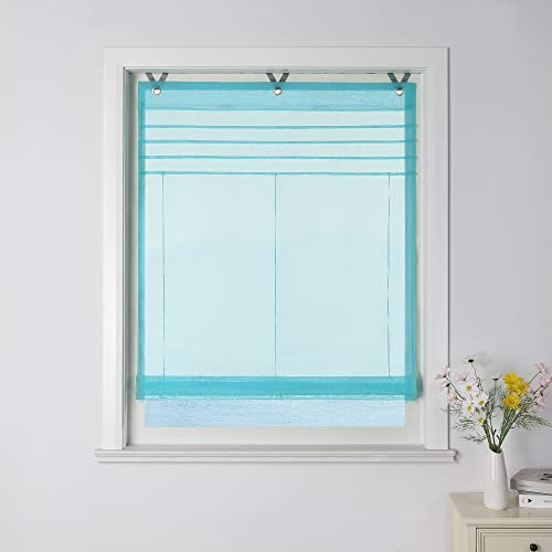 ESLIR Raffrollo mit Ösen Voile Raffgardine ohne Bohren Transparent Ösenrollo Modern Gardinen mit Haken Vorhänge Blau BxH 80x140cm 1 Stück