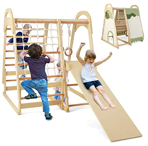 COSTWAY 6 en 1 Triángulo de Escalada Infantil, Parque Infantil Interior para Niños, Conjunto de Juguetes de Escalada de Madera con Tobogán, Gimnasio de Interior para Niños de 1+ Año (Natural)