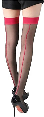 krautwear® Damen Naht Straps Strümpfe Schwarz Mit Pink Cuban Heel Naht (schwarz-pink-9039)