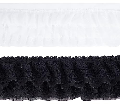 GORGECRAFT 4m Rüschen 3-Stufiger Spitzenbesatz 13 cm Breit Weiß Schwarz Plissierte Spitzenbesätze Geraffte Rüschen Chiffonband Kantenbesatz Stoff Zum Nähen Stoffen Bestickte Applikationen Dekoration