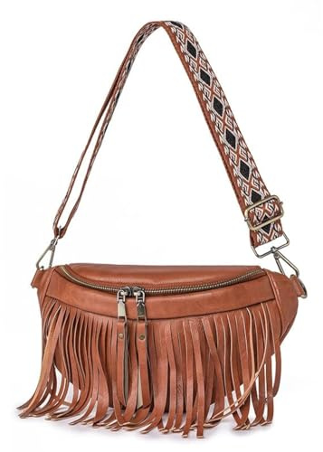 Bauchtasche aus Leder für Damen, Crossbody-Tasche mit abnehmbaren Fransen, modische Hüfttaschen, Braun, Medium, Boho