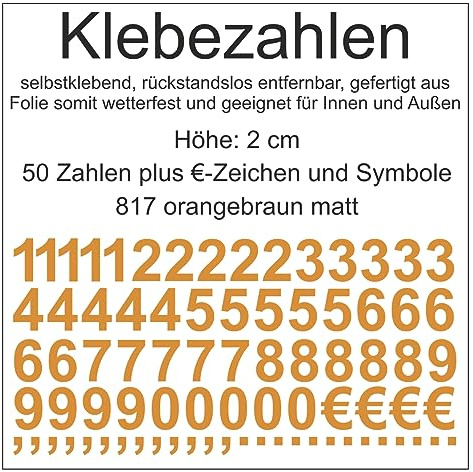 Aufkleber Sticker Klebezahlen Klebezahl Zahlen Zahl Nummern aus Folie 50 Zahlen orange braun orangebraun matt Höhe 2 cm selbstklebend wetterfest Nummerierung Preisauszeichnung Beschriftung Modellbau