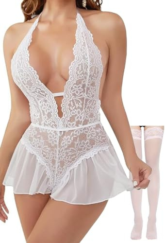 Rayson Ensemble Lingerie AVCE Bas Femme Dentelle Babydoll Robe Nuit Décolleté en V Dos Nu One-Piece Nuisette sous Vêtements(Blanc)