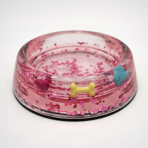HAPPY JACKY Napf Hund aus Acryl Größe M Rosa | Rutschfester Napf Hund mit Schneekugel-Effekt | Geeignet für mittelgroße Hunde mit dekorativen Figuren