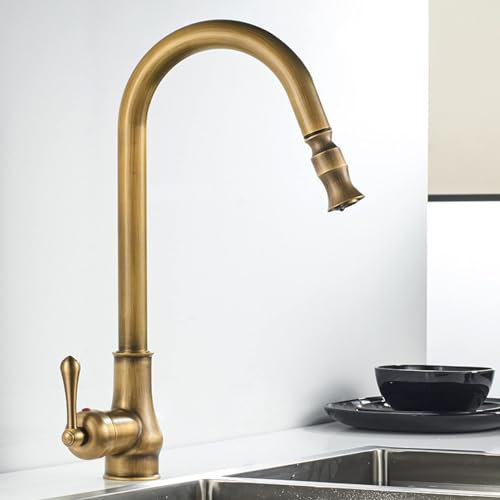 forestalk Kitchen Sink Taps Mixer with Pull Out Spray Antique,Kitchen Sink Taps 360° Swivel,Kitchen Mixer Taps Hot and Cold,Single Level Brass Kitchen Faucet with Pull Down