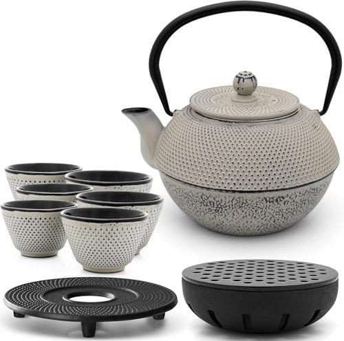 Bredemeijer Asia Teekanne Gusseisen Set 1.1 Liter - grauer Teekessel & Edelstahl-Filter-Einsatz für losen Tee & Teebecher (6 Tassen) & Stövchen & Untersetzer