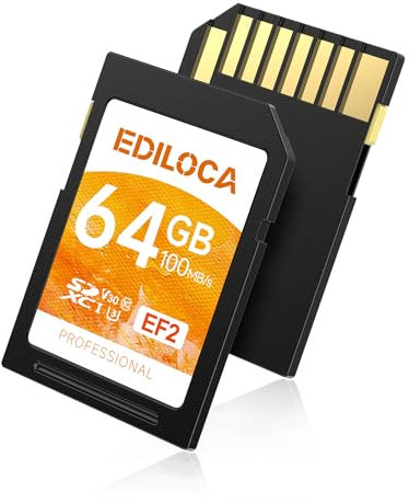 Ediloca Tarjeta SD 64GB, Tarjeta de Memoria, hasta 100MB/s, UHS-I, C10, U3, V30, Full-HD & 4K Video, Tarjeta SD para Cámara, Imprescindible para Fotógrafos Profesionales(EF2)