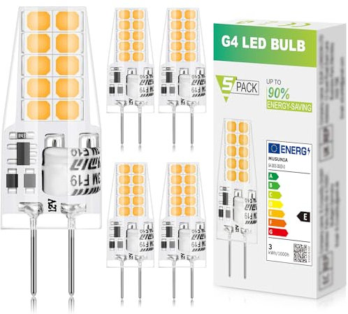 MUSUNIA g4 LED Lampen - 3W Birnen 3000K Warmweiß 300lm, Ersatz für 30W Halogenlampen,Kein Flackern Nicht Dimmbar, 12V AC/DC, 5er Pack