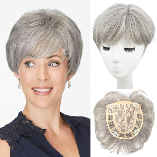 PORSMEER Topper per capelli Clip Frangia,grigio argento da donna, Corti Lisci Posticci, Pixie Cut parrucche, per capelli sottili, clip in wiglet con frangia per aggiungere capelli volume