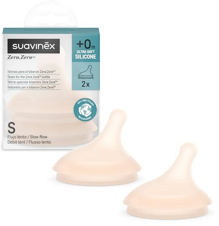 Suavinex, Confezione da 2 Tettarelle per Biberon Anti-Coliche Zero Zero, Flusso Lento (S), Lascia passare poco liquido, Flusso Adatto a Latte, Acqua, +0 Mesi