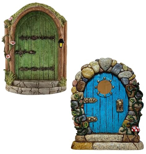 HDGSAFD Lot de 2 portes de fée en bois - Maison de fée pour le jardin - Mini porte de fée miniature - Porte de fée - Porte naine (bleu, vert)
