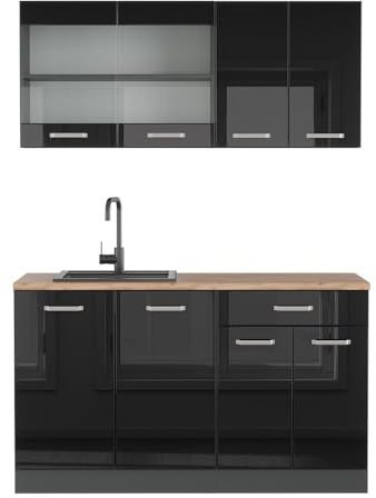 Vicco Küchenzeile R-Line, Schwarz Hochglanz, 140 cm | 4 Module · Höhenverstellbare Füße · AP Eiche inkl. · Robuste Fronten · Mit Glasschrank · Frei kombinierbar