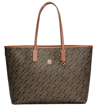 Tommy Hilfiger Damen Monogram Leather Tote with Zipper Pocket Tragetasche, Schwarz/Hellbraun