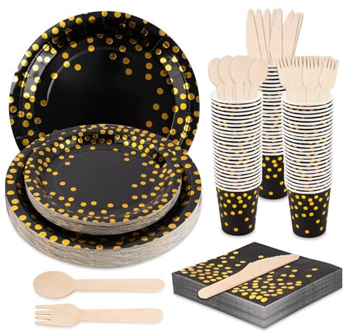 Anstore 200 Platos Negros con Lunares Dorados, Plato de Papel de Cumpleaños, 25 Invitados Vajilla Negra Reutilizable para Fiesta, Boda, incluye Plato, Cuchara, Tenedor, Cuchillo, Vasos, Servilletas