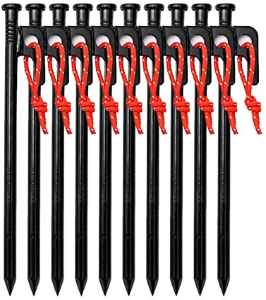 Robuste Zeltheringe, Zeltpflöcke, Campingzeltpflöcke, mit Haken und Loch, mit robuster Tragetasche, für Outdoor-Ausflüge, Wandern, Gartenarbeit, große, harte Böden, felsig, schwarz (schwarz, 10
