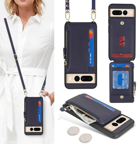 SailorTech Handyhülle für Google Pixel 7 Pro mit Kartenfach, Etui mit Verstellbarer Halskette, Handytasche mit Reißverschluss Geldbörse - Blau