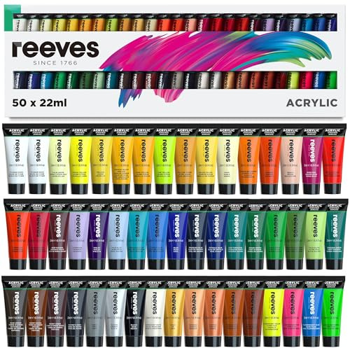 Reeves Acrylic Paint Set – 50 x 22ml Assorted Vibrant Colour Tubes – Gift Set for Adults - Suitable for Multiple Surfaces​