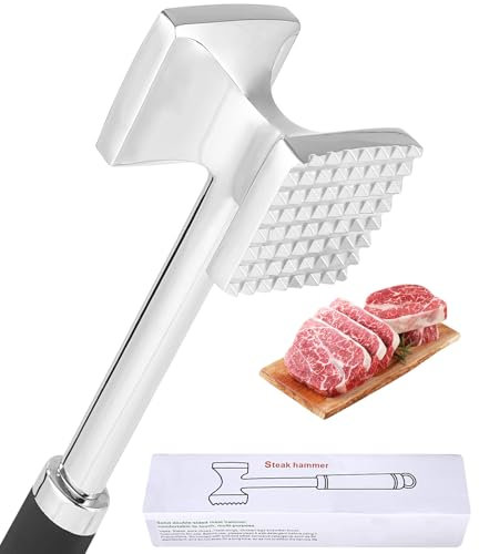 Bixury Mazo para Carne Acero Inoxidable,Ablandador de Carne 27 cm Mazo de Carne de Doble Cara con Mango Antideslizante Plateado Herramienta de Cocina para Ablandar Carne de Res Cerdo Pollo