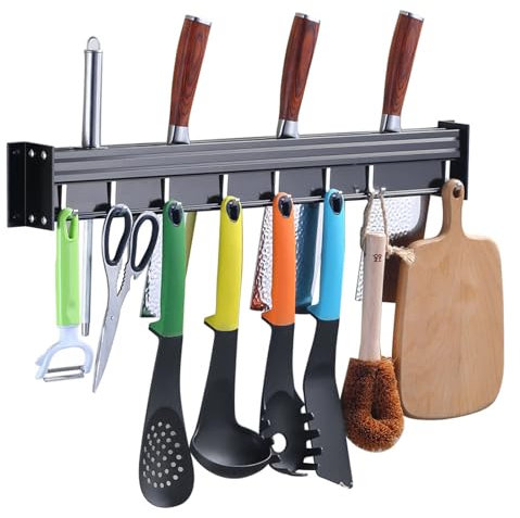 JCAKES Bloc à couteaux sans perçage pour cuisine, salle de bain, rangement en aluminium, noir, 40 x 8,5 cm