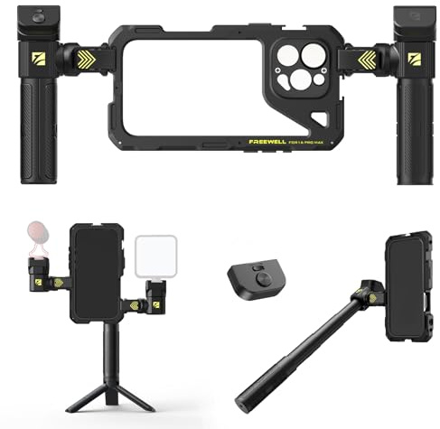 Freewell Genius Rig Cage pour iPhone 16 Pro Max | Installation sans Outil, poignées multifonctionnelles pour trépied et Monopode, télécommande Bluetooth