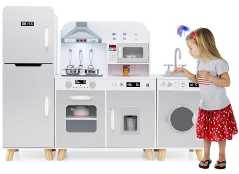 COSTWAY 3 en 1 Cuisine Enfant avec Réfrigérateur & Machine à Laver, Cuisiniere Enfant avec Lumière & Effet Sonore, Micro-Ondes & Machine à Glaçons, Jeu de Cuisine pour Garçons Filles de 3 Ans+