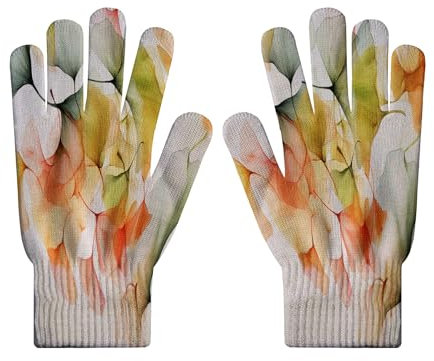 HZCRAES Winterhandschuhe Für Damen – Bunter Ginkgoblätter-Druck,Atmungsaktive Strickhandschuhe,er Arbeitsschutz,Gartenhandschuhe Mit Aquarellpflanzen-Druck,Touchscreen-Handschuhe Für Outdoor-Sport