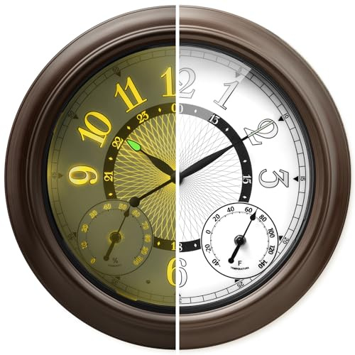 Pytha Sight Outdoor Uhr Garten wetterfest, 38 cm (15 Zoll), beleuchtete Gartenuhr mit intelligentem Lichtsensor, Thermometer & Hygrometer, wasserdichte Wanduhr für draußen