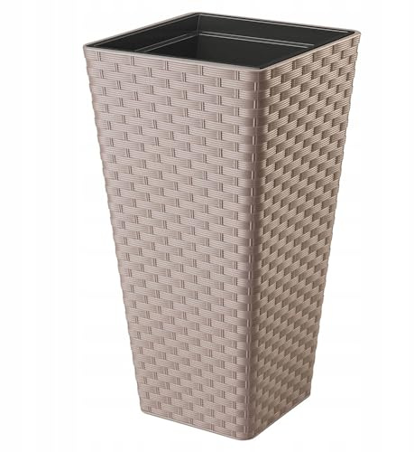 B2C Square Tall Plant Pot Elegant Large Flower Indoor Outdoor Garden Planters Rattan Look Pattern Home Patio Plastic 2 Sizes (Taupe, H 75cm x D 40cm)