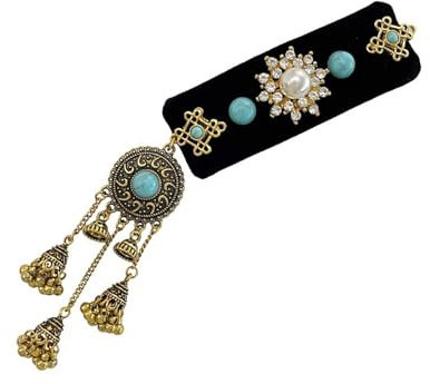 MLWSKERTY Stilvolle Schwarze Samthaarschmuck Haarstück Mit Blauem Türkis Und Quasten Haarnadel Für Ethnische Stilliebhaber