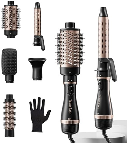 Hair Dryer Brush, 5-in-1 Blow Dry Hair Brush, Multi Hot Air Styler for Drying and Styling Volumizing Curling Sleeking in One Step, Ceramic Coating, Less Frizz, 3 Temperatures, UK Plug, Black Gold