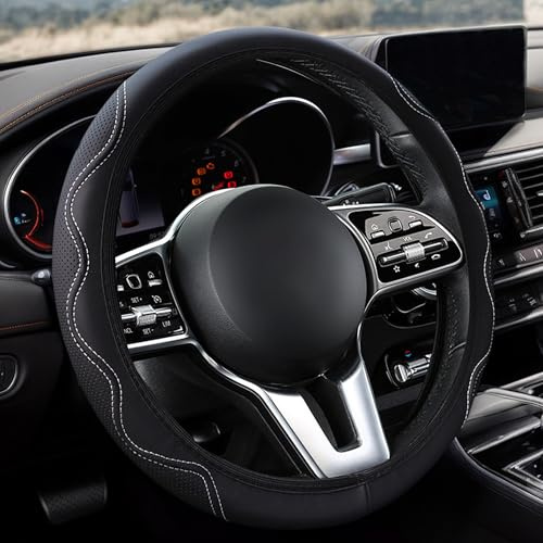 Car Steering Whee Cover, Black Leather Car Steering Wheel Cover with Wavy Line Splice Design, Anti-Slip & Breathable (Black & White)