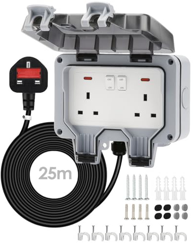 Zenmos Double Outdoor Socket 25M Extension Lead, Outdoor Plug Sockets Waterproof IP66, 13Amp 2 Gang Outside Plug Socket Waterproof, Switch Indicator Light Garden Wall Electrical Outlet Cover Box