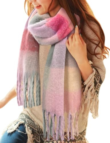 CMTOP Schal Damen Winter Warme Kariert Deckenschal Groß Lang Kariert Tartan Lattice Warmer Oversized Fransen Poncho Wintersch