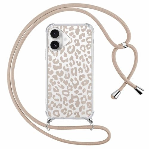 ZhuoFan Handyband Handyhülle für iPhone 17 Hülle 6,3 mit Band, Transparent Aesthetic Leopard Braun Muster Herbst Fall Cover mit Kette Kordel zum umhängen Necklace Case Silikon PC Schutzhülle, 01