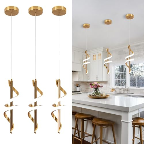 Vloitgol Spiral Led Pendant Light Fixtures, 5500K Gold Modern Led Pendant Lamp Kitchen Island, Adjustable Height Kitchen Island Lights Fixtures for Kitchen Island Dining Room Bedroom Sink, 3 Packs